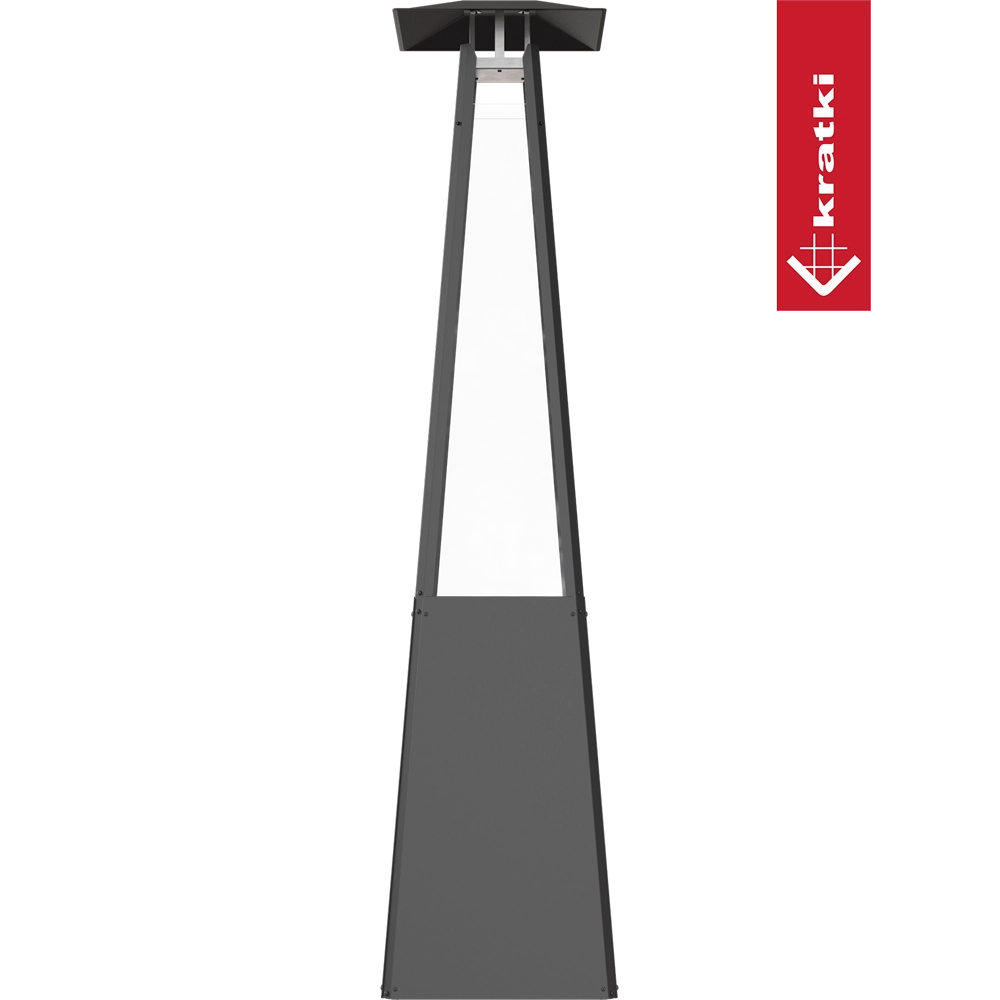 Kratki Umbrella buitenhaard op groene achtergrond, met rood Kratki-logo