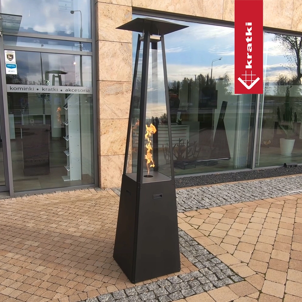 Kratki Umbrella terrasverwarmer met vlammen buiten showroom