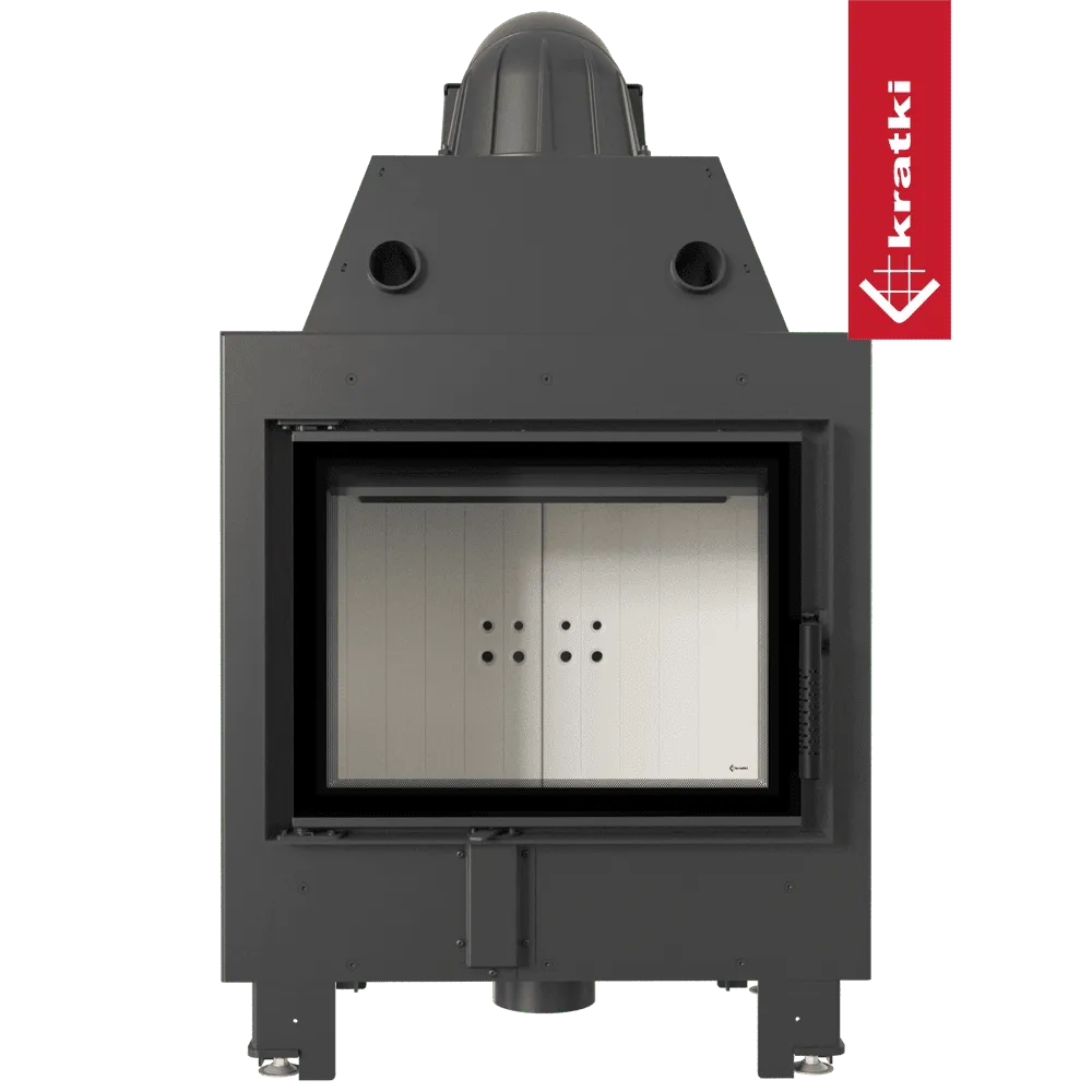 Zwarte Kratki MBM houtkachel met glazen deur en ventilatieopeningen, merklogo aan de zijkant.