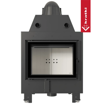 Zwarte Kratki MBM houtkachel met glazen deur en ventilatieopeningen, merklogo aan de zijkant.