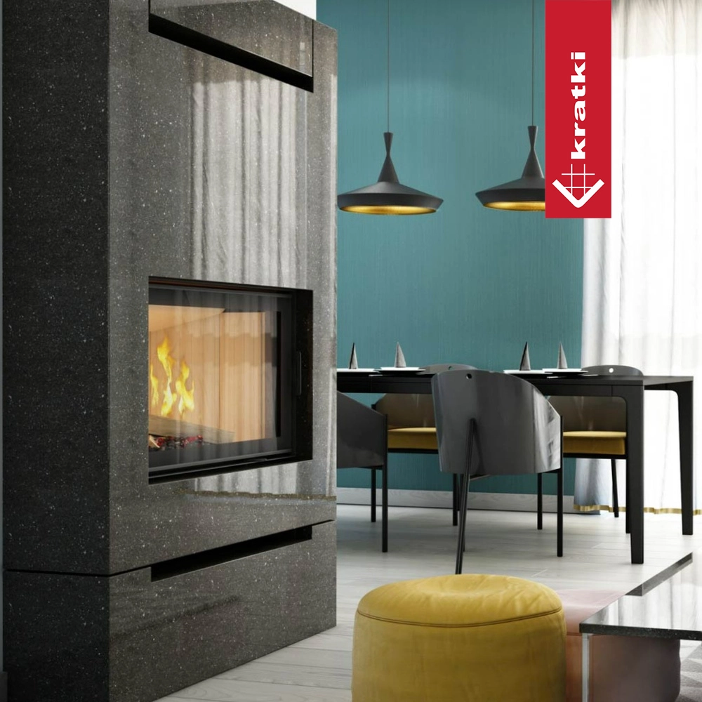 Kratki Nadia haard in moderne woonkamer met eettafel en stoelen