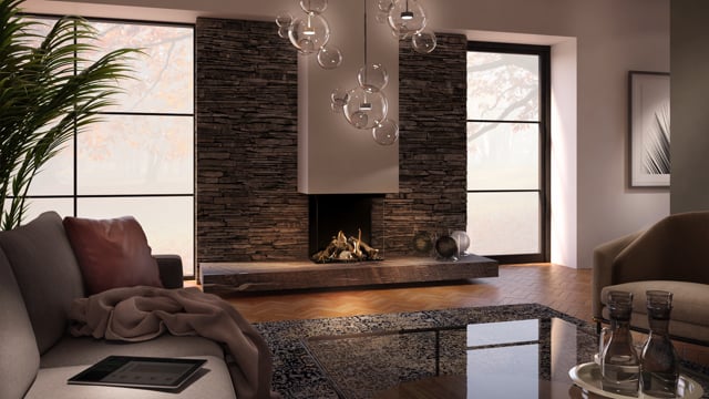 DRU Maestro 60/3 Eco Wave ingebouwd in luxe woonkamer met brandend vuur