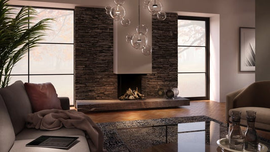 DRU Maestro 60/3 Eco Wave ingebouwd in luxe woonkamer met brandend vuur