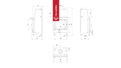 Technische tekening van Kratki MBZ CV haard met afmetingen en zijaanzichten.