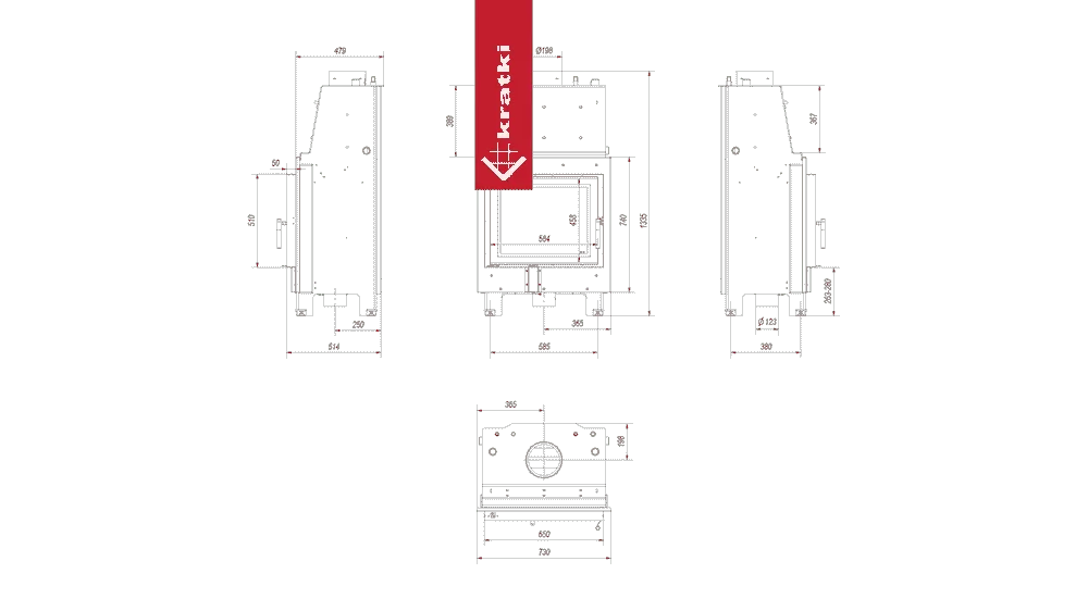 Technische tekening van de Kratki MBZ CV haard met afmetingen en aanzichten.