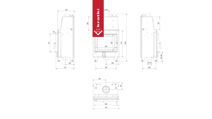 Technische tekening van de Kratki MBZ CV haard met afmetingen en aanzichten.