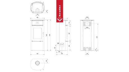 Technische tekening van Kratki Falcon Hoog met afmetingen en doorsneden.