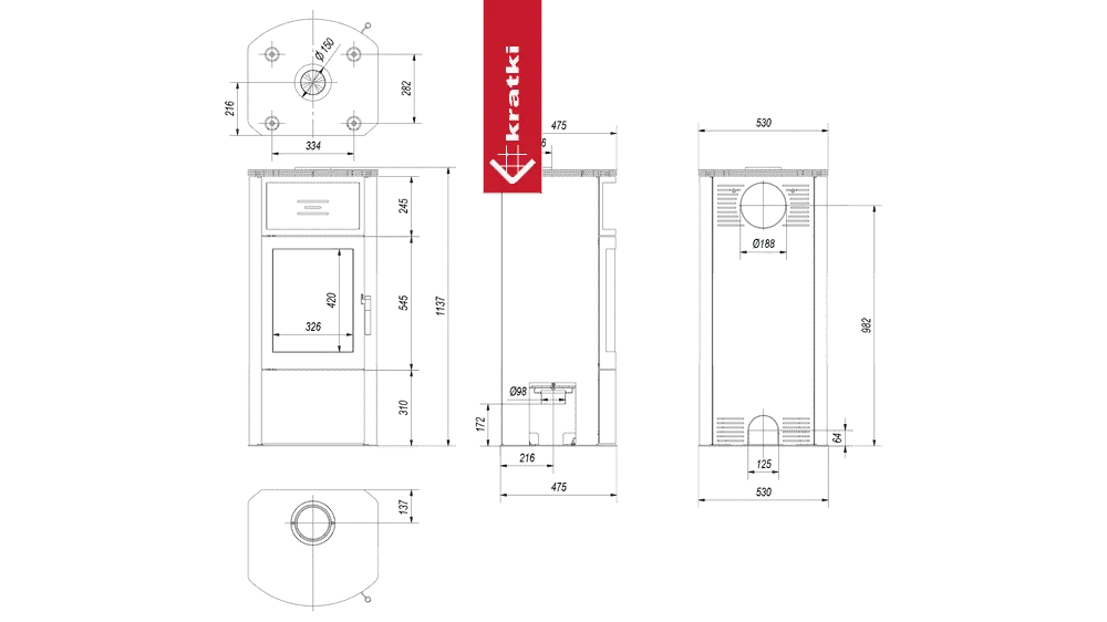 Technische tekening van Kratki Titan houtkachel met gedetailleerde afmetingen en aansluitpunten.