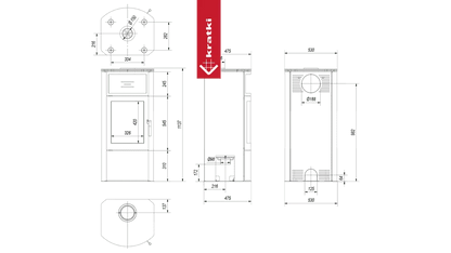 Technische tekening van Kratki Titan houtkachel met gedetailleerde afmetingen en aansluitpunten.