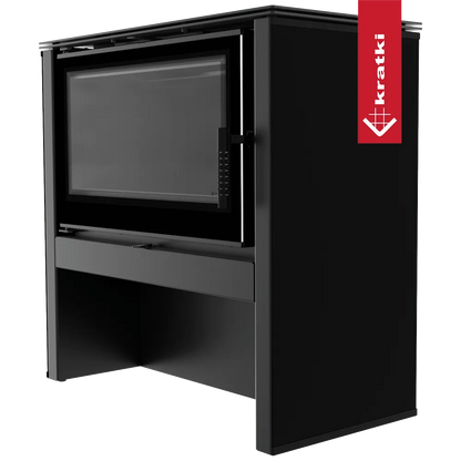 Zwarte houtkachel Kratki Juno 12 kW met groot glazen venster en strak design.
