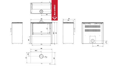 Technische tekening van de Kratki Juno 12 kW houtkachel met gedetailleerde afmetingen.