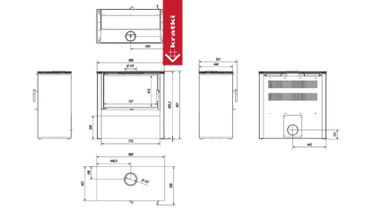 Technische tekening van de Kratki Juno 12 kW houtkachel met afmetingen en aanzichten.