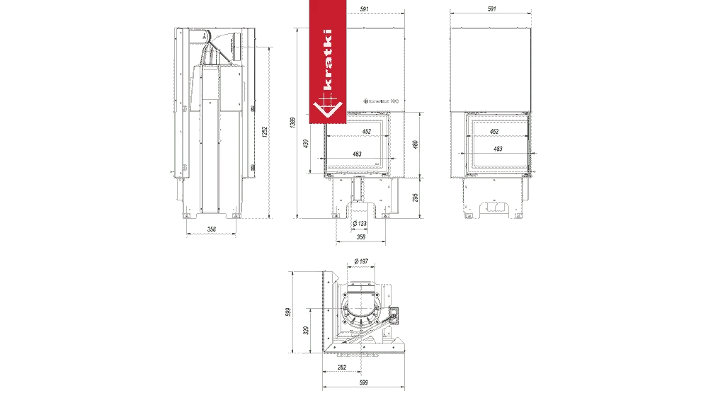 Technische tekening van de Kratki VNL 480/480 haard met afmetingen en doorsneden.