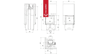 Technische tekening van de Kratki VNL 480/480 haard met afmetingen en doorsneden.