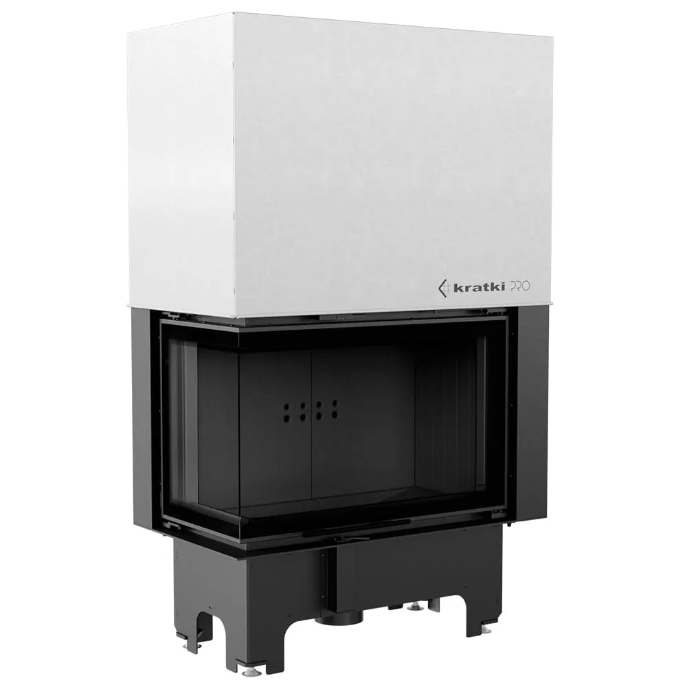 Kratki VNL 810/410 moderne inbouwhaard met glazen hoek en zwart metalen frame.