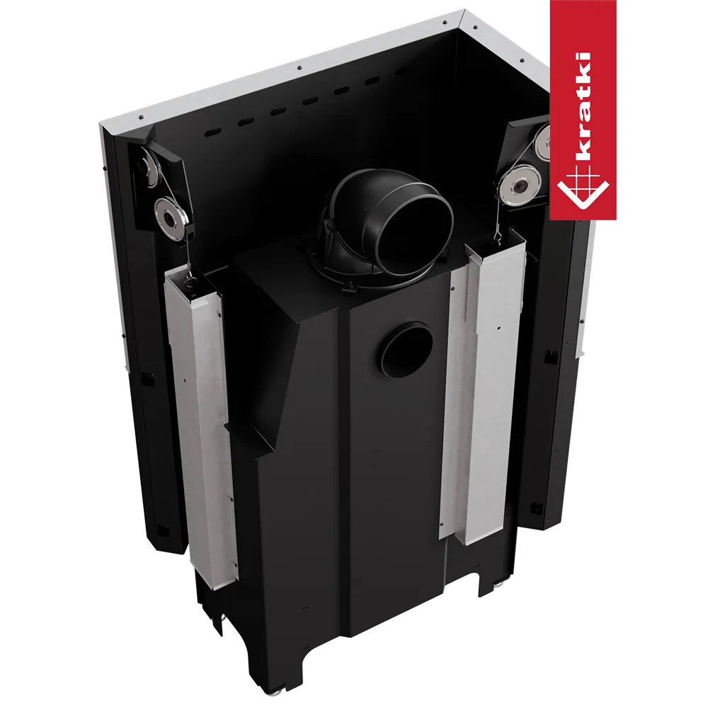Kratki VNL 810/410 zwarte metalen haard met zilveren accenten en Kratki logo.