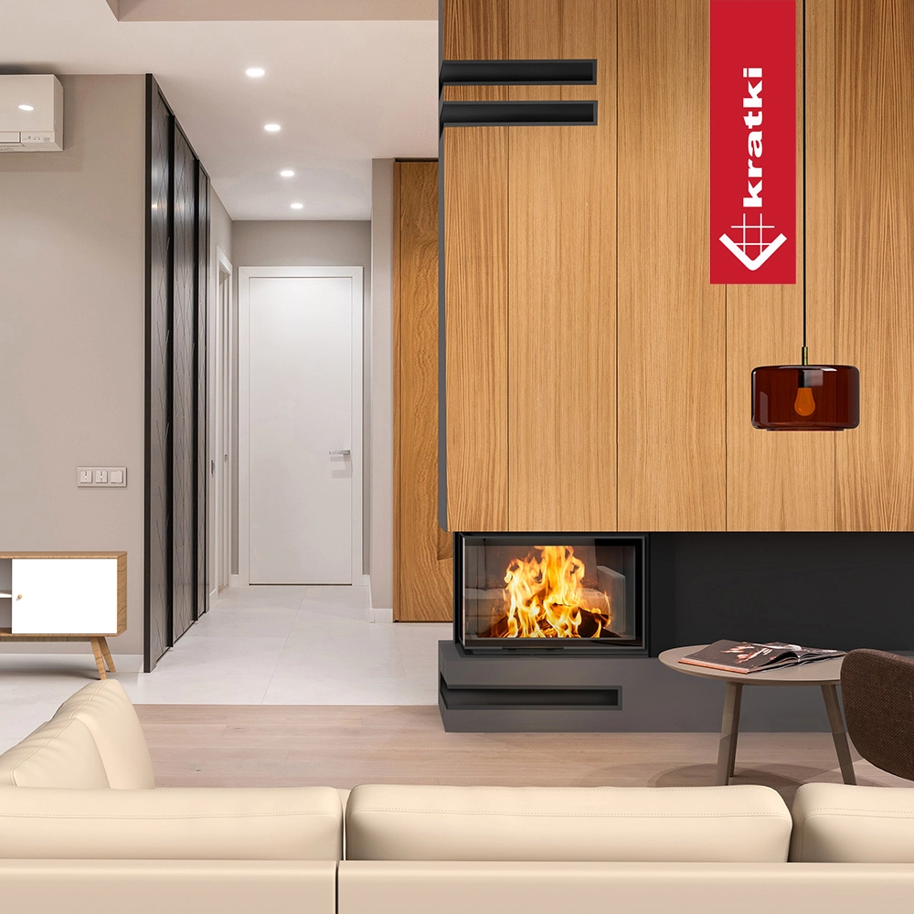 Kratki VNL in moderne woonkamer met ingebouwde haard en vlammen