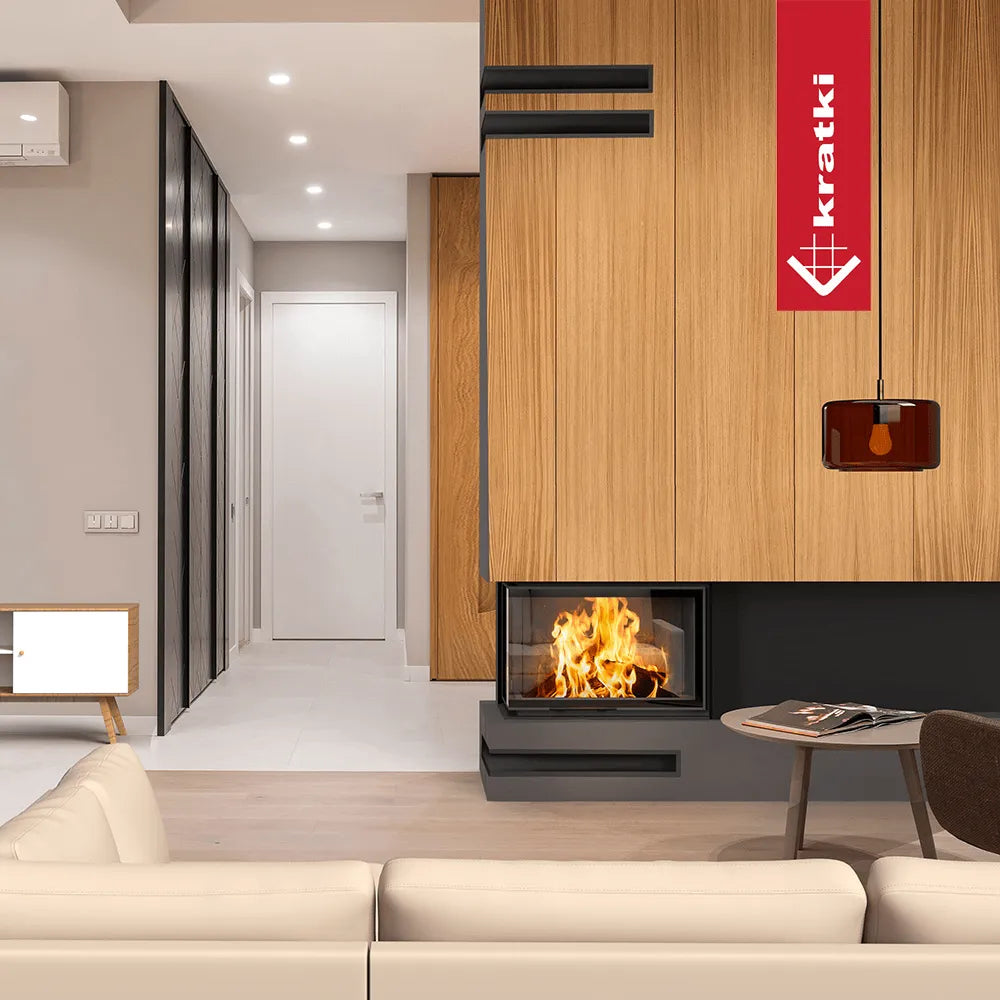 Moderne woonkamer met Kratki VNL 810/410 haard, houten panelen en minimalistisch interieur.