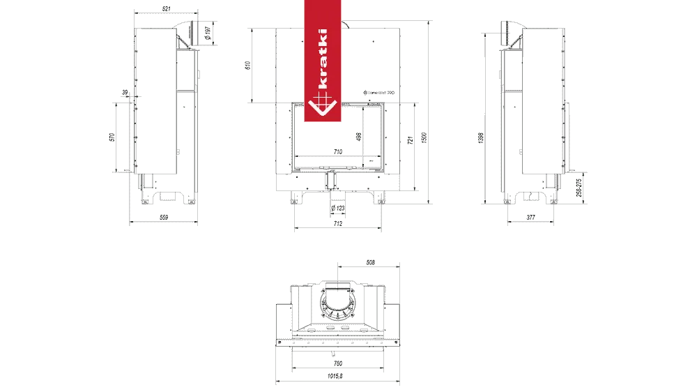 Technische tekening van Kratki MBA haard met gedetailleerde afmetingen en zijaanzichten.