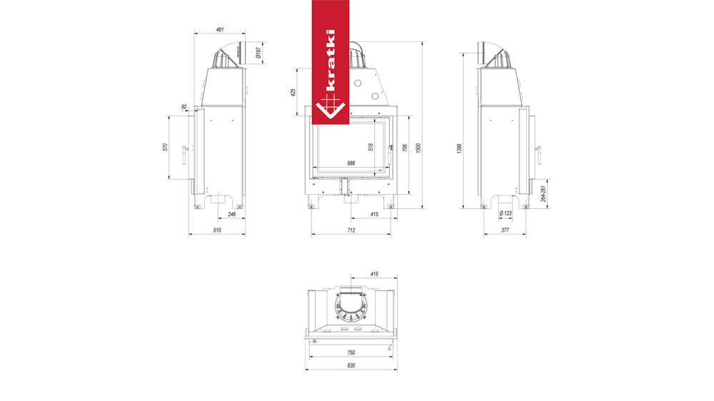 Technische tekening van de Kratki MBA haard met afmetingen en zijaanzichten.