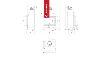 Technische tekening van de Kratki MBA haard met afmetingen en zijaanzichten.