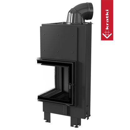 Zwarte Kratki MBN Links houtkachel met glazen deur en bovenste rookafvoer.