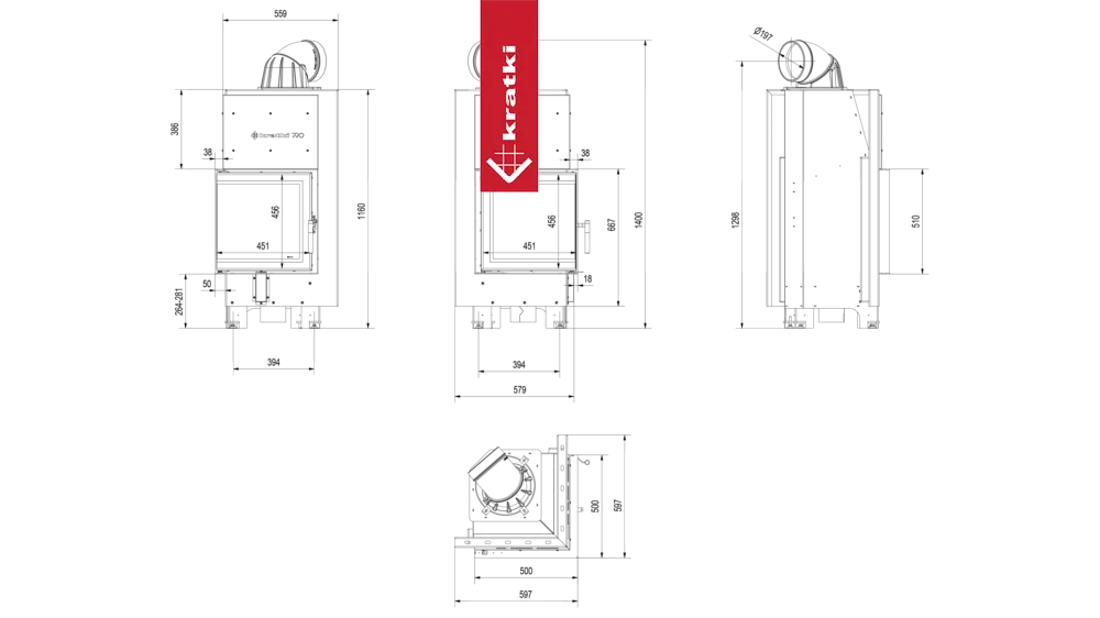 Technische tekening van Kratki MBN Links haard met afmetingen en zijaanzichten.