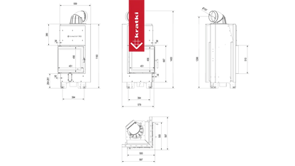 Technische tekening van Kratki MBN Links haard met afmetingen en zijaanzichten.