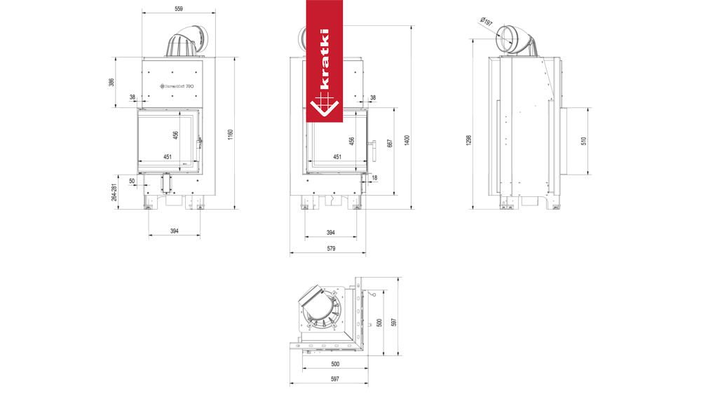 Technische tekening van de Kratki MBN Links haard met afmetingen en zijaanzichten.