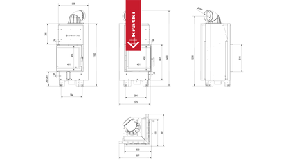 Technische tekening van de Kratki MBN Links haard met afmetingen en zijaanzichten.