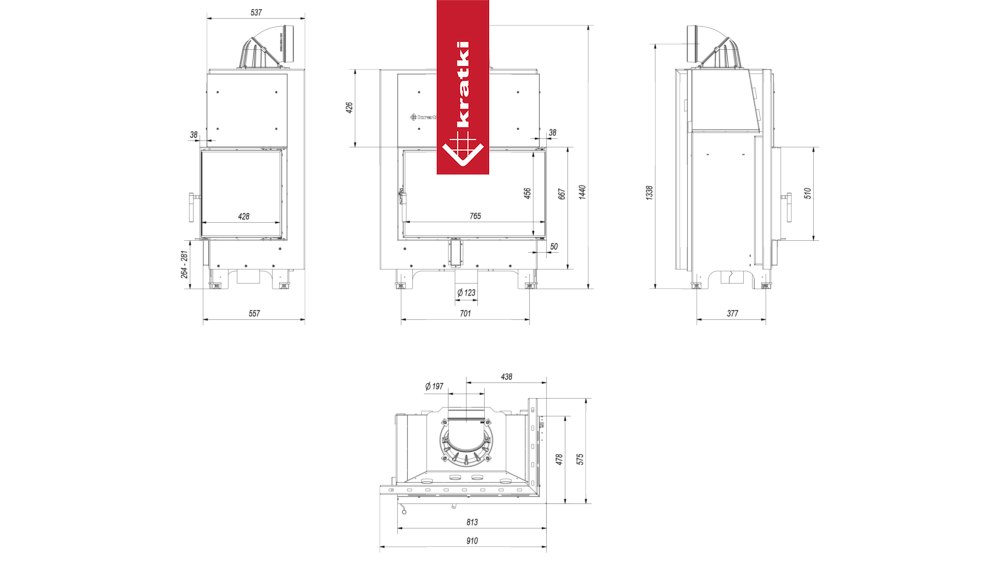 Technische tekening van de Kratki MBO Rechts haard met afmetingen en specificaties.