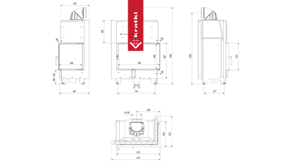 Technische tekening van de Kratki MBO Rechts haard met afmetingen en specificaties.