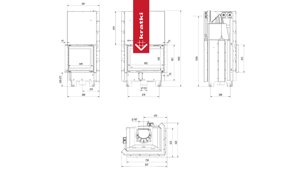 Technische tekening van de Kratki MBZ Rechts haard met afmetingen en doorsneden.