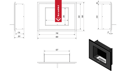 Technische tekening en afmetingen van de Kratki Alpha TÜV haard.