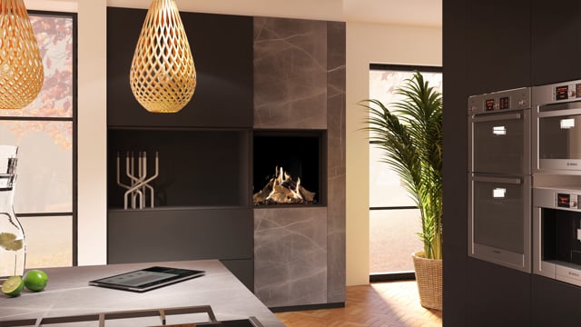 DRU Maestro 60 Eco Wave in moderne woonkamer met ingebouwd haardvuur