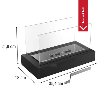 Kratki Galina TÜV tafelhaard met glazen panelen en afmetingen van 21,8 cm, 18 cm, 35,4 cm.