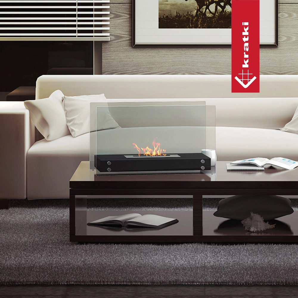 Kratki Hotel TÜV op salontafel in moderne woonkamer met vlammen