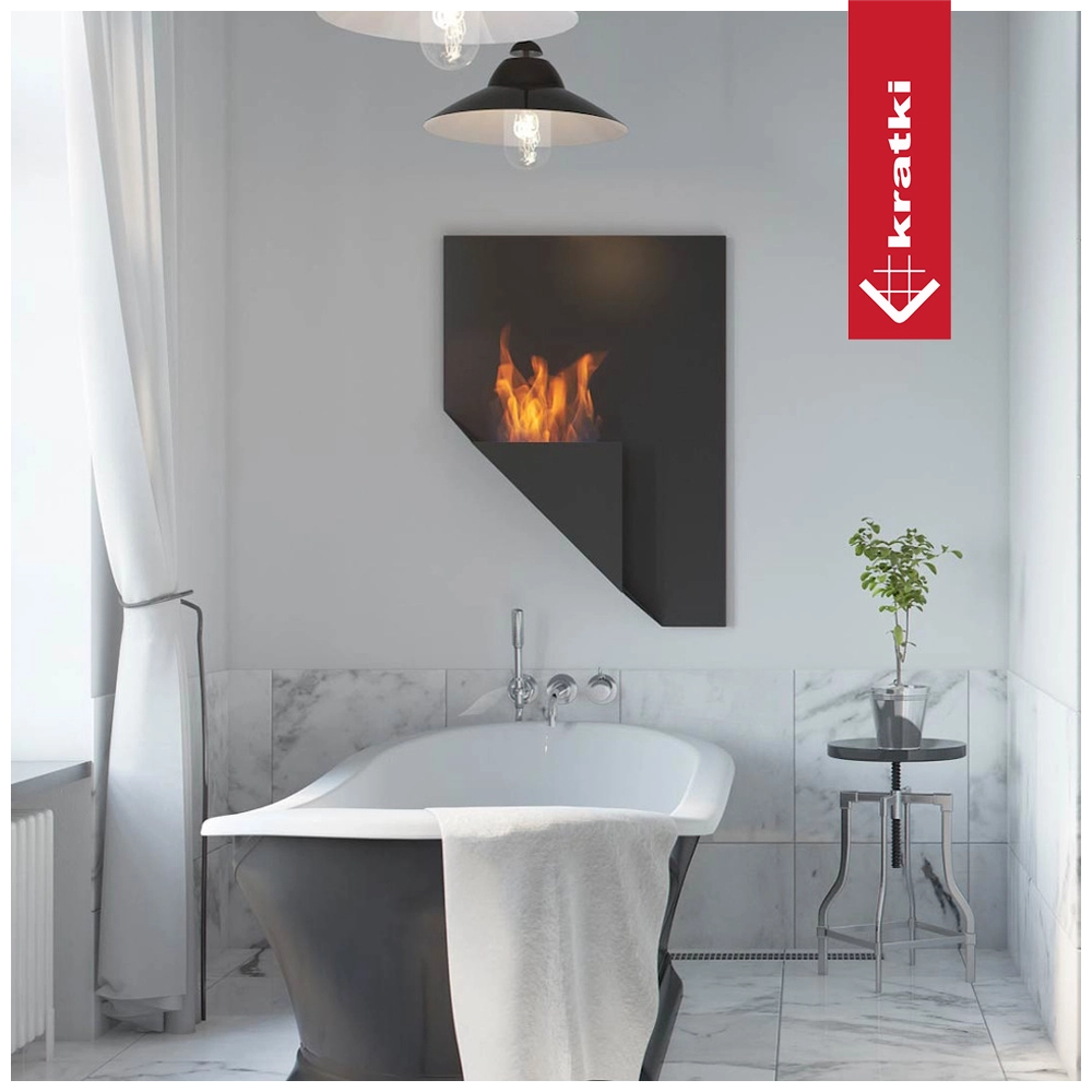 Kratki Papa TÜV in moderne badkamer met brandend wandmodel boven bad