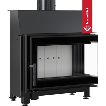 Kratki Simple S 8 kW Rechts, moderne zwarte houtkachel met glazen deur en zijpaneel.