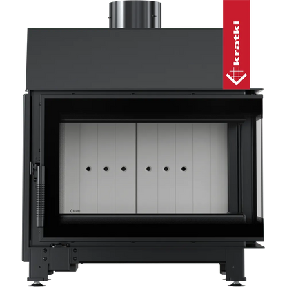 Kratki Simple S 8 kW Rechts, moderne zwarte houtkachel met glazen deur en metalen afwerking.
