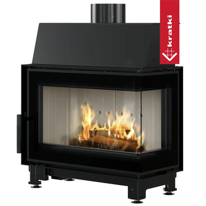 Kratki Simple S 8 kW Rechts, moderne houtkachel met glazen zijpaneel en brandend houtvuur.