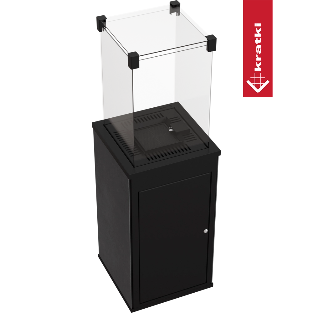 Kratki Patio terrasheater met glazen windscherm en zwarte kast