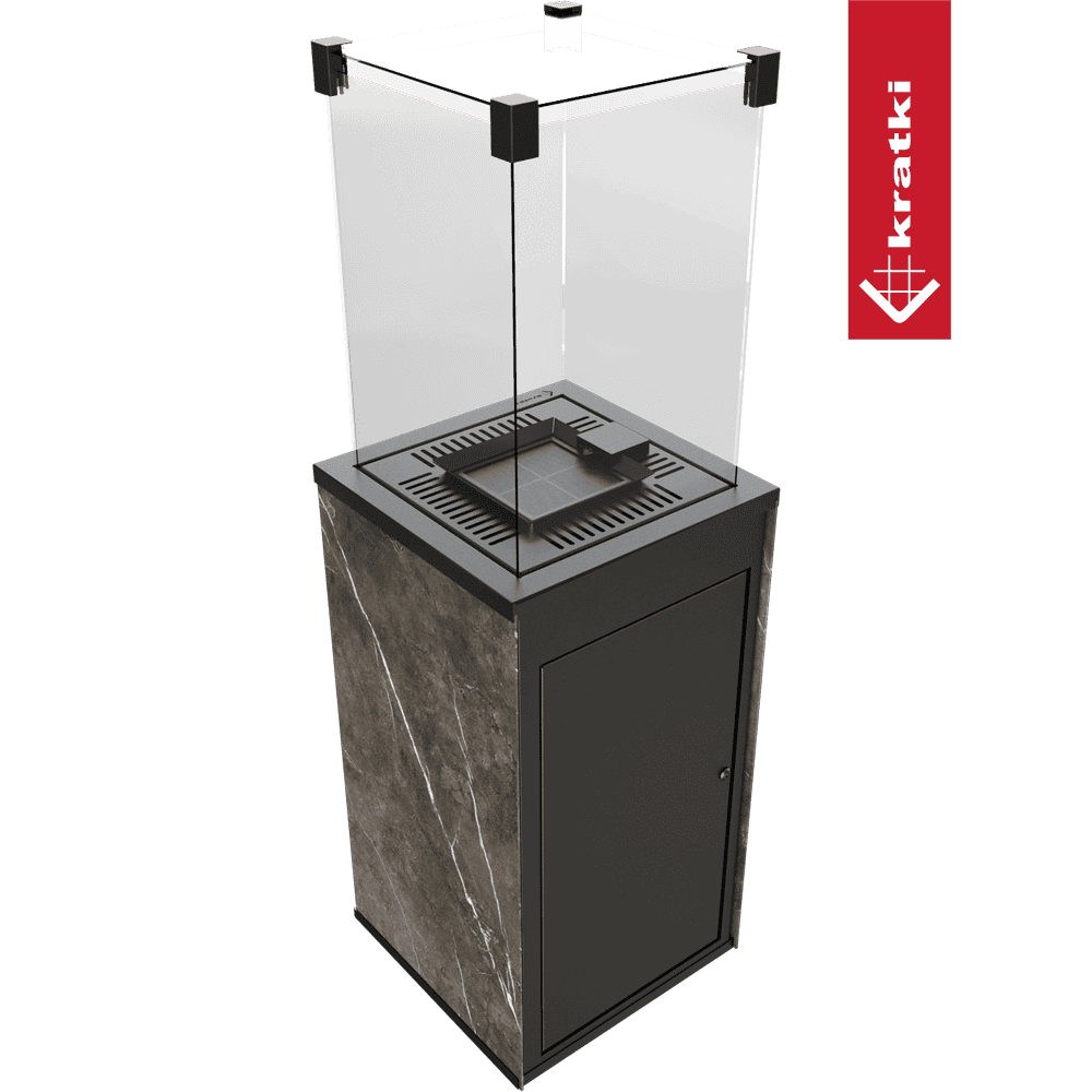 Kratki Patio terrasheater met glazen windschermen en stenen ombouw