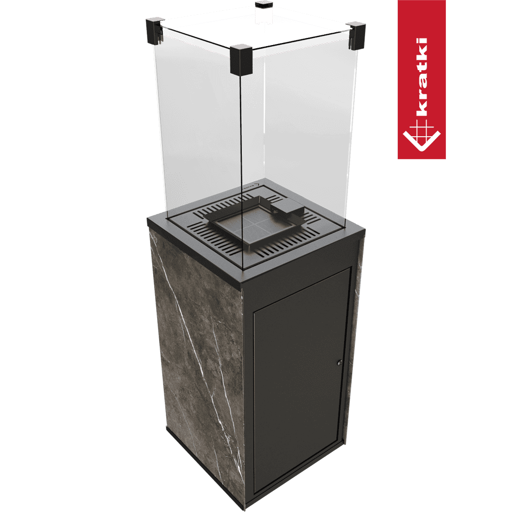 Kratki Patio terrasheater met glazen windschermen en stenen bekleding