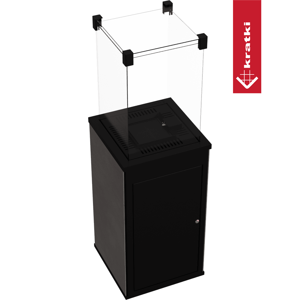 Zwarte Kratki Patio terrasverwarmer met vierkante bovenkap en ophangconstructie