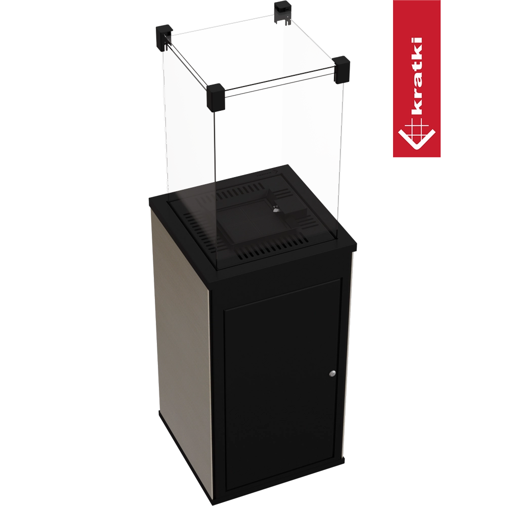 Kratki Patio Mini met glazen scherm en zwarte behuizing op transparante achtergrond