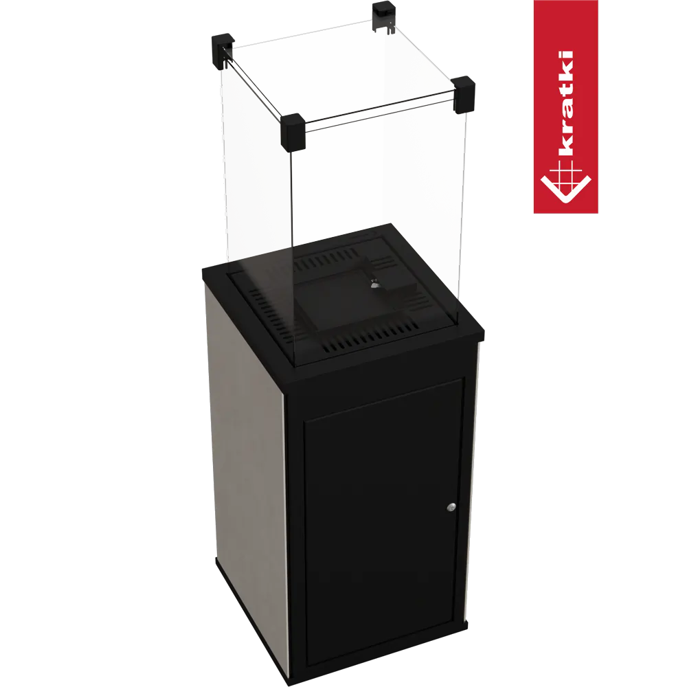 Kratki Patio Mini terrasverwarmer met glazen scherm en zwarte metalen behuizing op transparante achtergrond