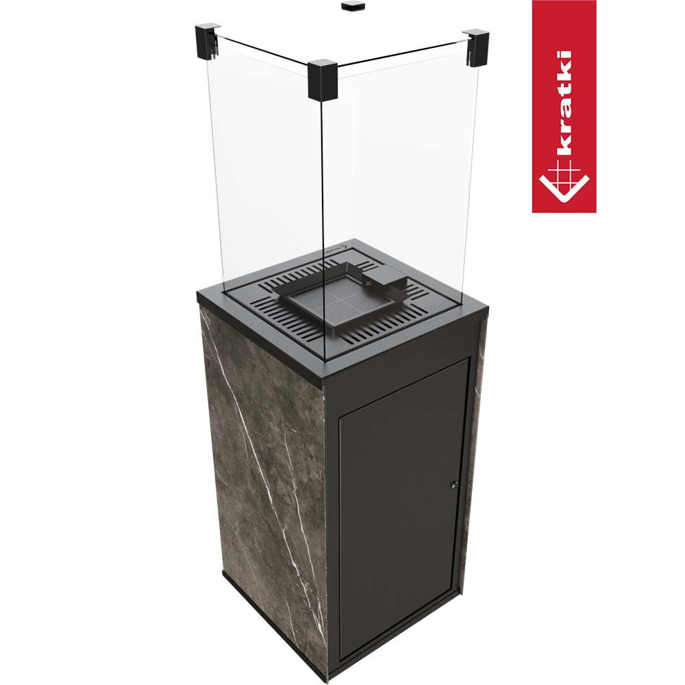 Kratki Patio Mini met glazen windscherm en marmerlook zijpanelen op transparante achtergrond