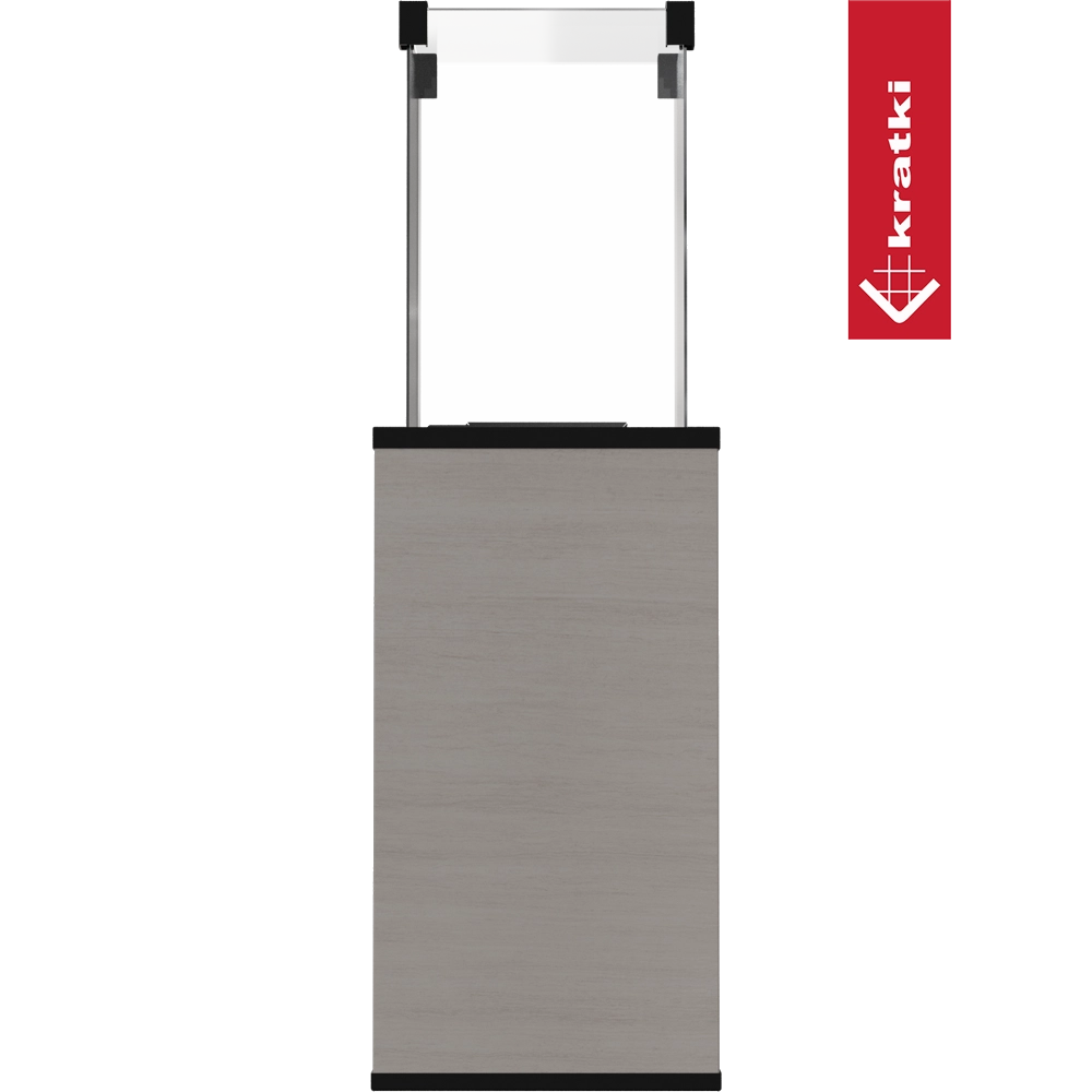Kratki Patio Mini met lichtgrijze behuizing, zwarte randen en verticale bevestigingsstangen op transparante achtergrond
