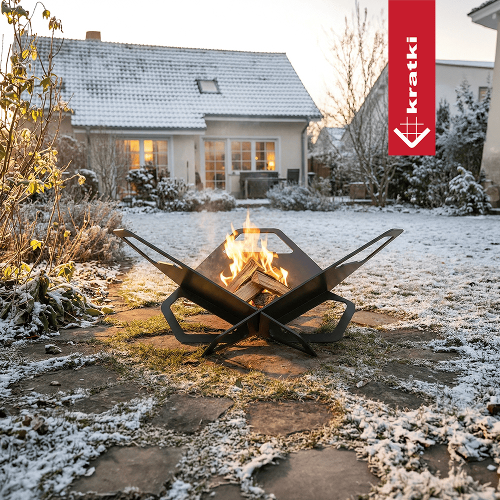 Kratki Pit vuurschaal brandend in besneeuwde tuin